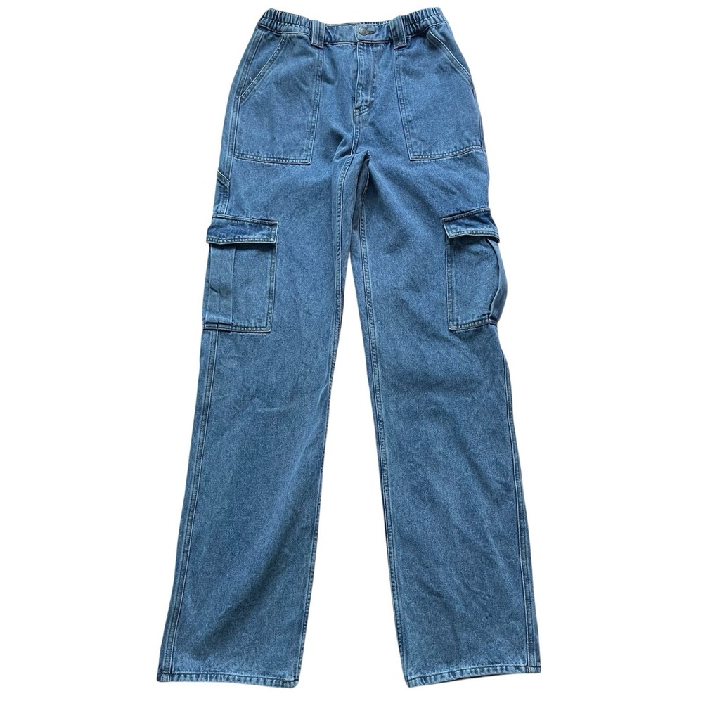 Fashion Nova Cargo Jeans Women Size 7 Blue Denim Utility Straight Leg Y2K Baggy